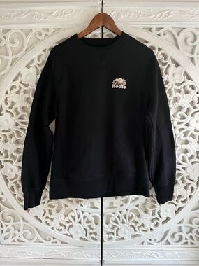 Roots Black Crewneck Sweatshirt Logo Fleece Men’s Small
